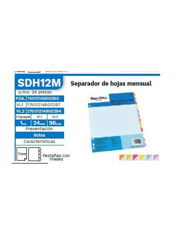 SEPARADOR DE HOJAS BARRILITO MESES C/12PZ SDH12M     X/24