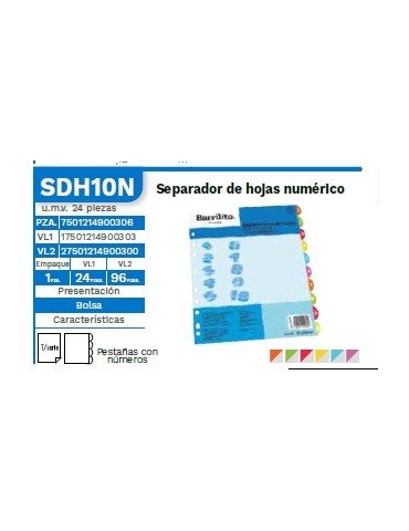 SEPARADOR DE HOJAS BARRILITO NUMEROS C/10PZ SDH10N     X/24