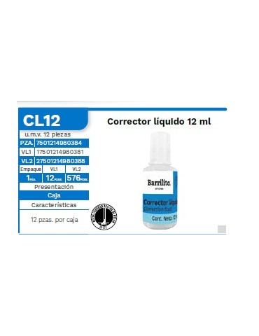CORRECTOR BARRILITO 12ML C/12PZ CL12     X/48