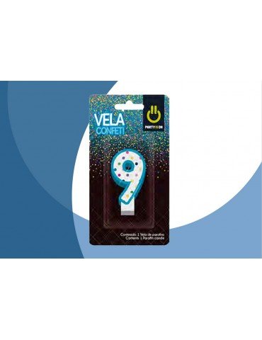 VELA NUMERICA CONFETTI AZUL 9 BLC/1PZ     X/12