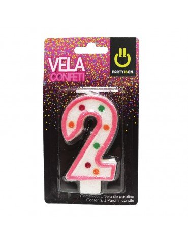 VELA NUMERICA CONFETTI ROSA 2 BLC/1PZ    X/12
