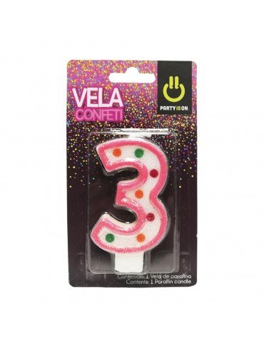 VELA NUMERICA CONFETTI ROSA 3 BLC/1PZ    X/12