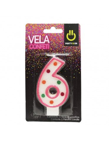 VELA NUMERICA CONFETTI ROSA 6 BLC/1PZ    X/12