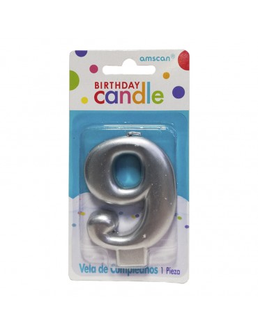 VELA NUMERICA AMSCAN MOLDEADA SILVER 9 BLC/1PZ 7186