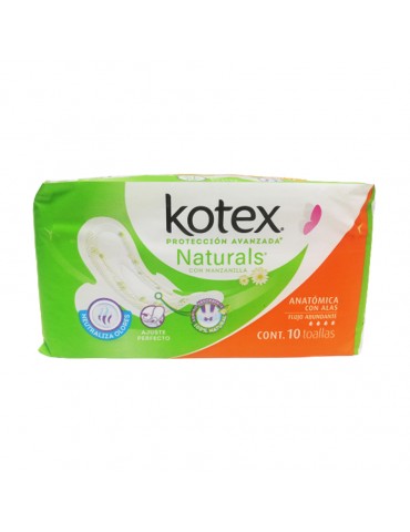TOALLAS KOTEX NATURALS MANZANILLA C/ALAS C/10PZ    X/10