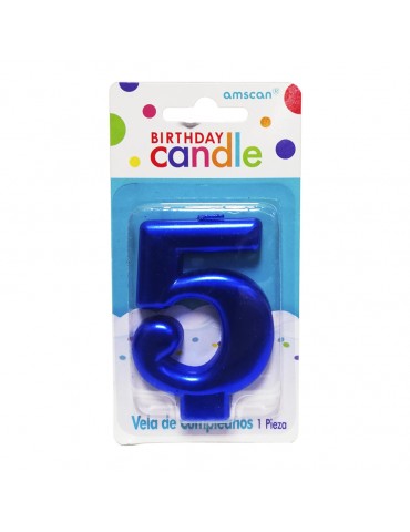VELA NUMERICA AMSCAN MOLDEADA AZUL METALICO 5 BLC/1PZ 7186