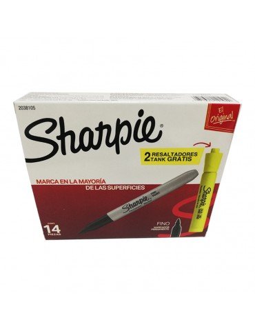 MARCADOR SHARPIE FINO NEGRO C/12PZ + 2 MARCATEXTO     X/12