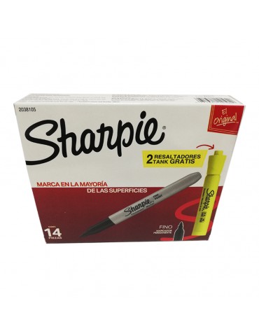 MARCADOR SHARPIE FINO NEGRO C/12PZ + 2 MARCATEXTO     X/12
