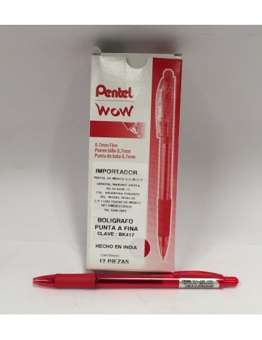 BOL. PENTEL WOW RETRACTIL FINO GRIP ROJO C/12PZ BK417-B